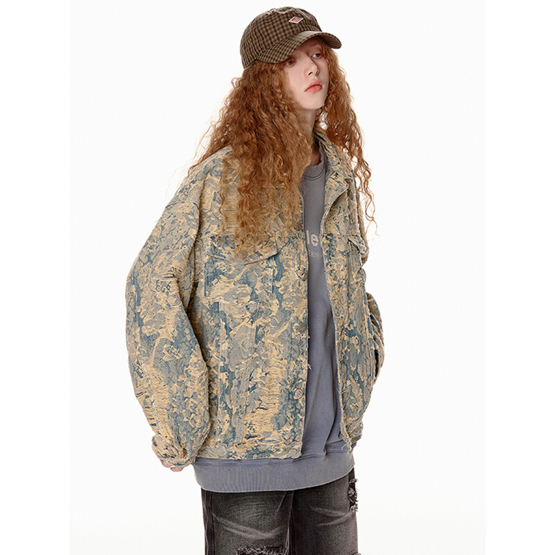 Συνονθύλευμα πλισέ Jacquard Jean Jacket for Men Fashion American Washed Ripped Denim Jackets Distressed Oversized Unisex παλτό