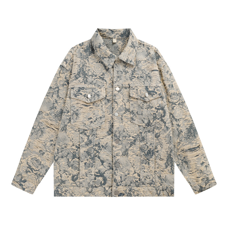 Συνονθύλευμα πλισέ Jacquard Jean Jacket for Men Fashion American Washed Ripped Denim Jackets Distressed Oversized Unisex παλτό