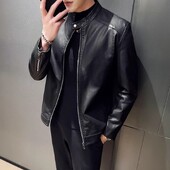 Nauja vyriška odinė striukė Klasikinė Slim Fit motociklo PU odinė striukė Vienspalvė stovima apykakle Vyriška didelė juoda odinė striukė