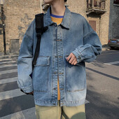 Дънково яке в хонконгски стил за мъже, свободна кройка Kennedy, модерен европейски уличен стил, ретро работно облекло, ежедневна сцена