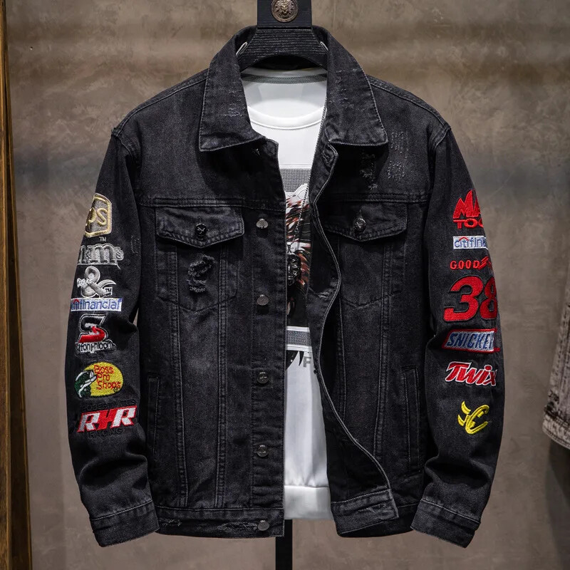 Μοντέρνο κεντημένο casual τζάκετ με τρύπες Ανδρικά φαρδιά τζιν ρούχα Μοντέρνο νεανικό μπουφάν άνοιξη και φθινόπωρο μακρυμάνικο μπουφάν