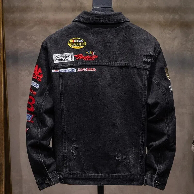 Μοντέρνο κεντημένο casual τζάκετ με τρύπες Ανδρικά φαρδιά τζιν ρούχα Μοντέρνο νεανικό μπουφάν άνοιξη και φθινόπωρο μακρυμάνικο μπουφάν