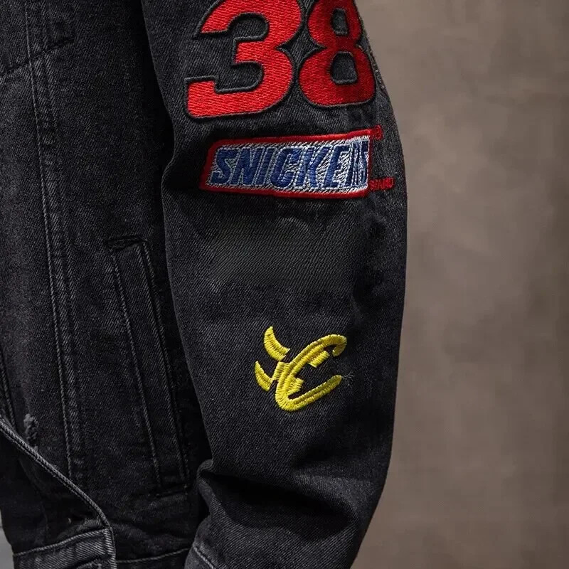 Μοντέρνο κεντημένο casual τζάκετ με τρύπες Ανδρικά φαρδιά τζιν ρούχα Μοντέρνο νεανικό μπουφάν άνοιξη και φθινόπωρο μακρυμάνικο μπουφάν