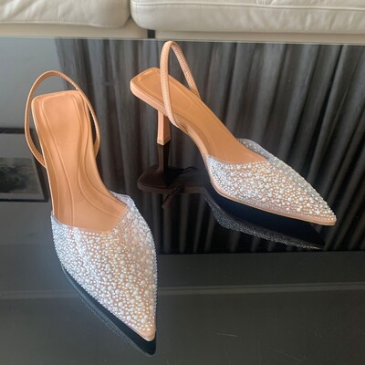 2024 Moda Vară Femei Toc Înalt Perle Decorație Slingback Femeie Pompe Cu vârf ascuțit Sandale Toc înalt Pantofi eleganti pentru femei