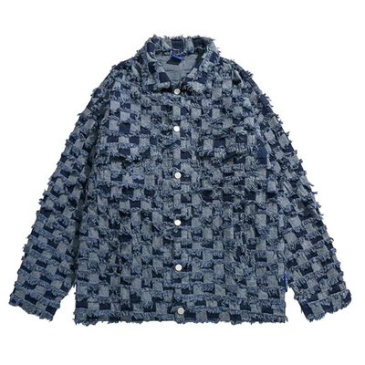 Kevadine moodne ruuduline plaaster Meeste teksamantel rev, üherealine vaba jakk Paar Retro Harajuku kardigan