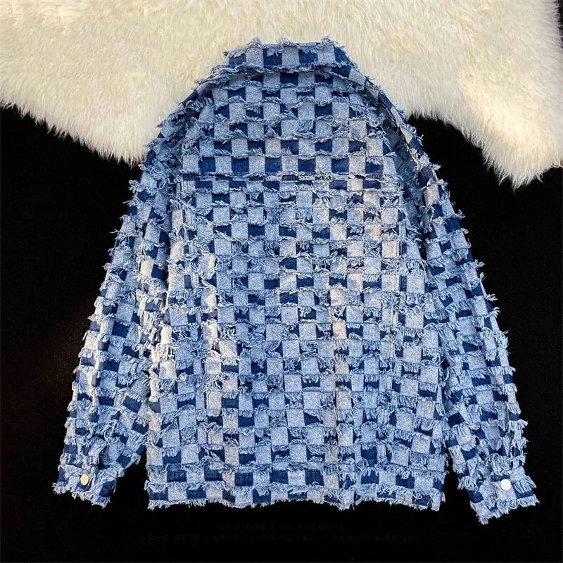 Kevadine moodne ruuduline plaaster Meeste teksamantel rev, üherealine vaba jakk Paar Retro Harajuku kardigan