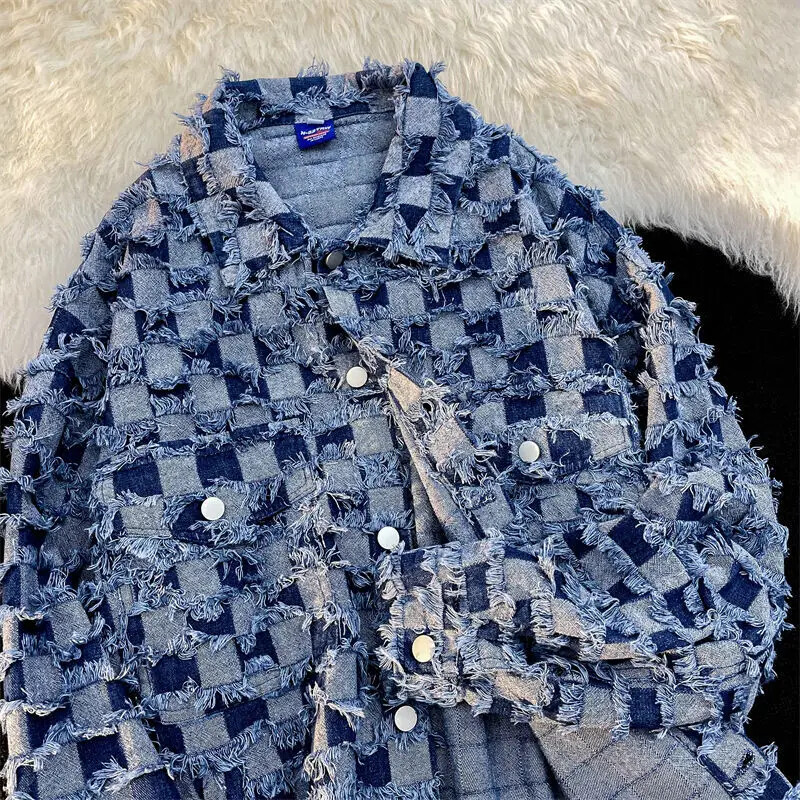 Kevadine moodne ruuduline plaaster Meeste teksamantel rev, üherealine vaba jakk Paar Retro Harajuku kardigan