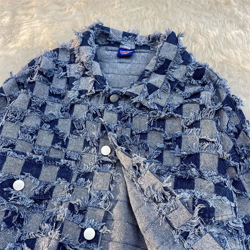 Kevadine moodne ruuduline plaaster Meeste teksamantel rev, üherealine vaba jakk Paar Retro Harajuku kardigan