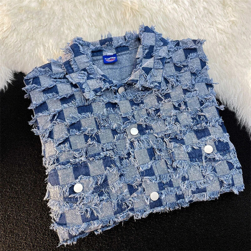 Kevadine moodne ruuduline plaaster Meeste teksamantel rev, üherealine vaba jakk Paar Retro Harajuku kardigan