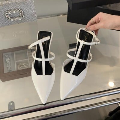 Pohodlné topánky pre ženy, dámske sandále na priehľadnom podpätku, veľká veľkosť 2024, letné dievčenské nové špicaté nízke, veľké béžové, s uzavretou prackou, remienok, rom