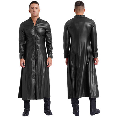 Meeste Steampunk kunstnahast kaevik, pikk mantel, krae, tõmblukk, pikkade varrukatega tuulekindlad jakid, lahe punkmantel Rave Clubwear
