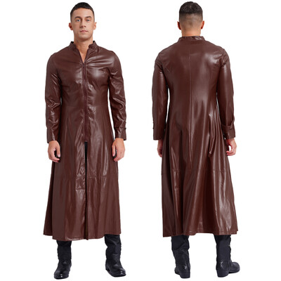 Meeste Steampunk kunstnahast kaevik, pikk mantel, krae, tõmblukk, pikkade varrukatega tuulekindlad jakid, lahe punkmantel Rave Clubwear