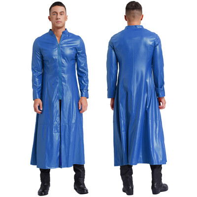 Meeste Steampunk kunstnahast kaevik, pikk mantel, krae, tõmblukk, pikkade varrukatega tuulekindlad jakid, lahe punkmantel Rave Clubwear