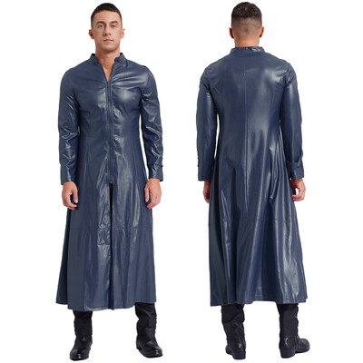 Meeste Steampunk kunstnahast kaevik, pikk mantel, krae, tõmblukk, pikkade varrukatega tuulekindlad jakid, lahe punkmantel Rave Clubwear