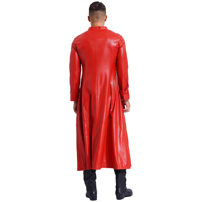 Ανδρικά Steampunk Faux Leather Trench Μακρύ παλτό γιακά με φερμουάρ Μακρυμάνικο αντιανεμικό μπουφάν Cool Punk Coat Rave Clubwear