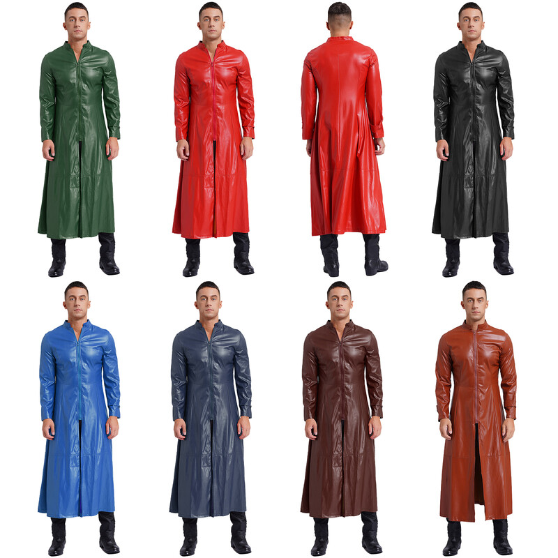 Ανδρικά Steampunk Faux Leather Trench Μακρύ παλτό γιακά με φερμουάρ Μακρυμάνικο αντιανεμικό μπουφάν Cool Punk Coat Rave Clubwear