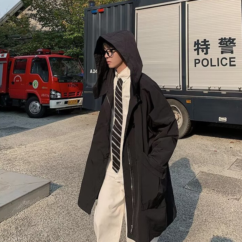 Pánska vetrovka s kapucňou, čisto farebná, s veľkými vreckami, pohodlná, v japonskom štýle, pekný, Harajuku, temperamentný, mestský chlapec