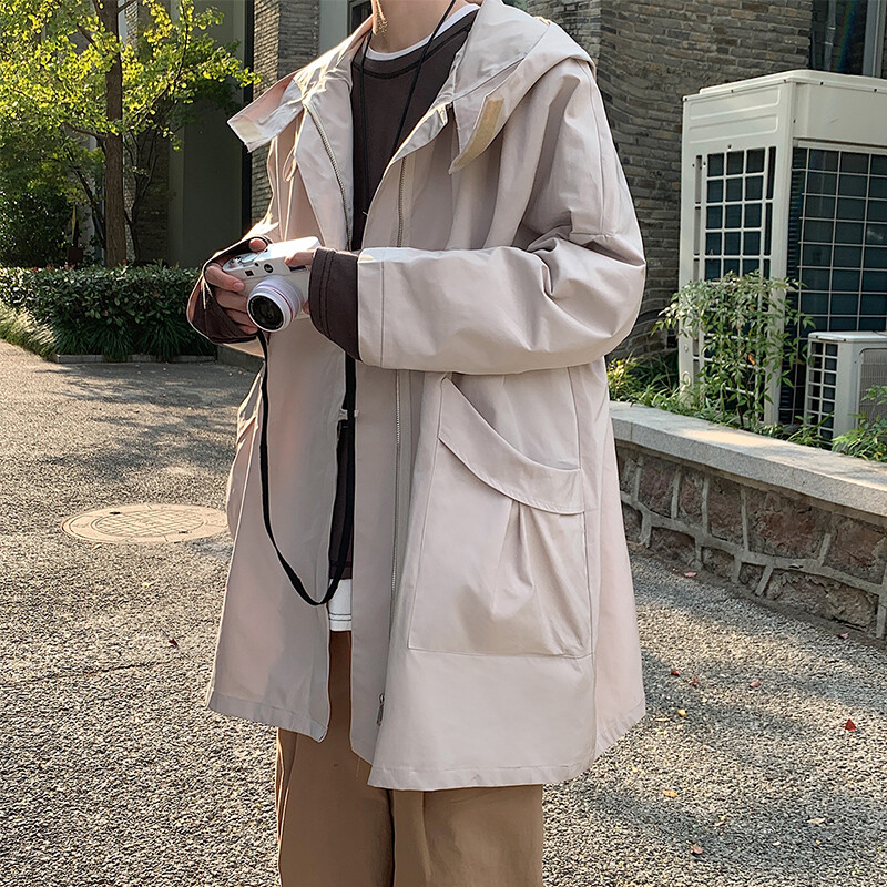 Pánska vetrovka s kapucňou, čisto farebná, s veľkými vreckami, pohodlná, v japonskom štýle, pekný, Harajuku, temperamentný, mestský chlapec