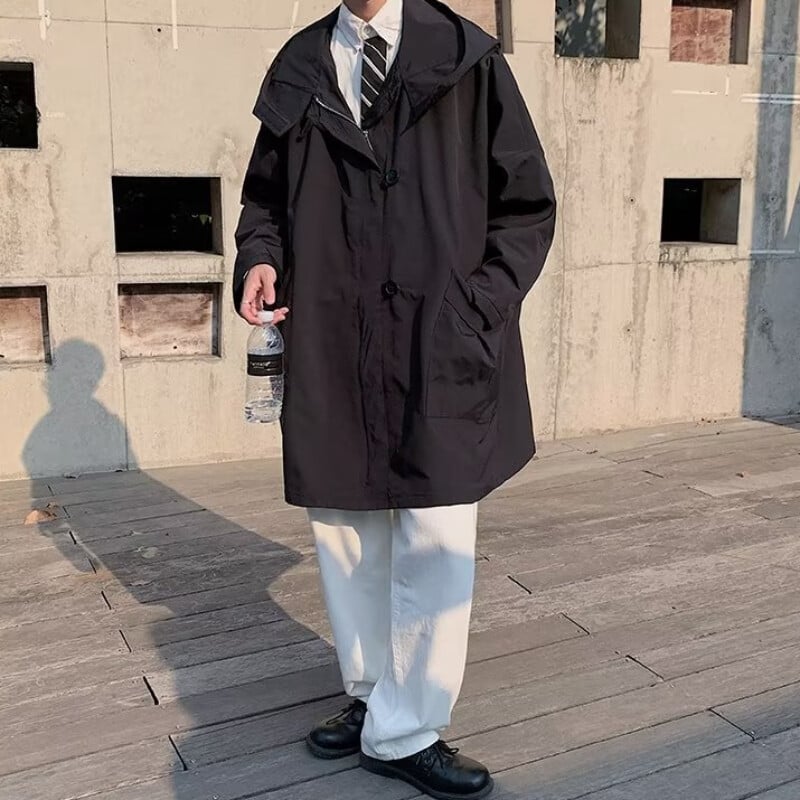 Pánska vetrovka s kapucňou, čisto farebná, s veľkými vreckami, pohodlná, v japonskom štýle, pekný, Harajuku, temperamentný, mestský chlapec