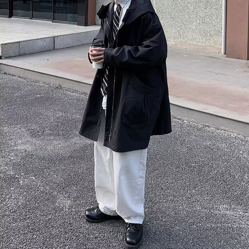 Pánska vetrovka s kapucňou, čisto farebná, s veľkými vreckami, pohodlná, v japonskom štýle, pekný, Harajuku, temperamentný, mestský chlapec