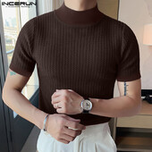 2023 Мъжка тениска Едноцветна водолазка с къс ръкав Мъжко облекло Фитнес Streetwear Ежедневни тениски в корейски стил S-5XL INCERUN