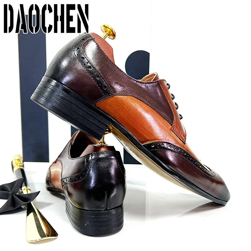 Luksuslik bränd Meeste nahast kingad Nööriga Terava ninaga segatud värvid Brogues Oxford Meeste Kleit Kingad Pulmad Kontorijalatsid Meeste