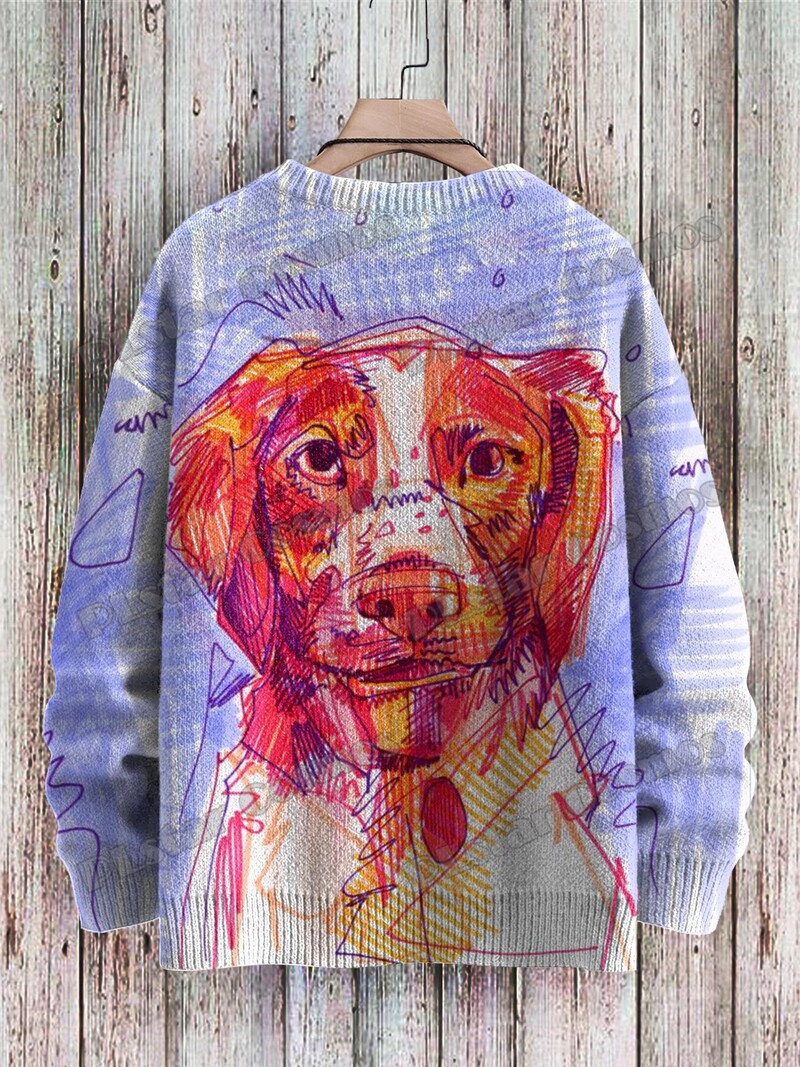 Cute Dog Art Line Pattern & Funny Hippo Art 3D Printed Ανδρικό Πλεκτό Πουλόβερ Χειμερινό Unisex Casual Πλεκτό Πουλόβερ Πουλόβερ ZZM96