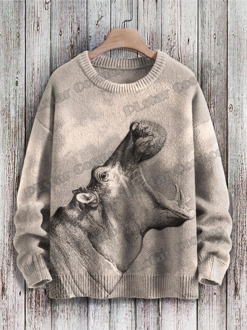 Cute Dog Art Line Pattern & Funny Hippo Art 3D Printed Ανδρικό Πλεκτό Πουλόβερ Χειμερινό Unisex Casual Πλεκτό Πουλόβερ Πουλόβερ ZZM96