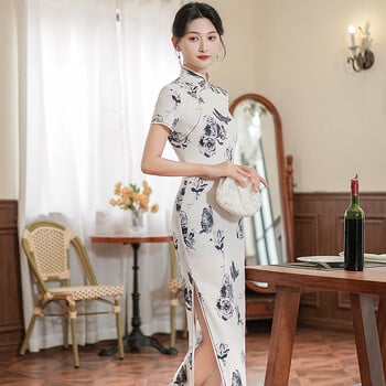 Плюс размер 3Xl 4Xl 5Xl Qipao Elegant Women Cheongsam Vintage Chinese Style Dress Sexy Print Vestidos Split Dresses Causal Gown