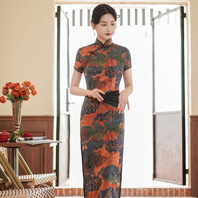 Suures suuruses 3Xl 4Xl 5Xl Qipao Elegantne Naiste Cheongsam Vintage Hiina stiilis kleit Seksikas printiga Vestidos Poolitatud kleidid Põnev kleit