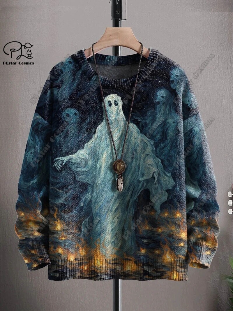 Τρισδιάστατη εκτύπωση Halloween Skull Ghost Ghost Pumpkin Ugly πουλόβερ Casual Unisex Χειμερινό φούτερ