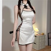 Секси куха дантелена пола Cheongsam с висока цепка Комплект пижами с превръзки Еротично бельо Традиционна китайска рокля Qipao Женски секс костюм