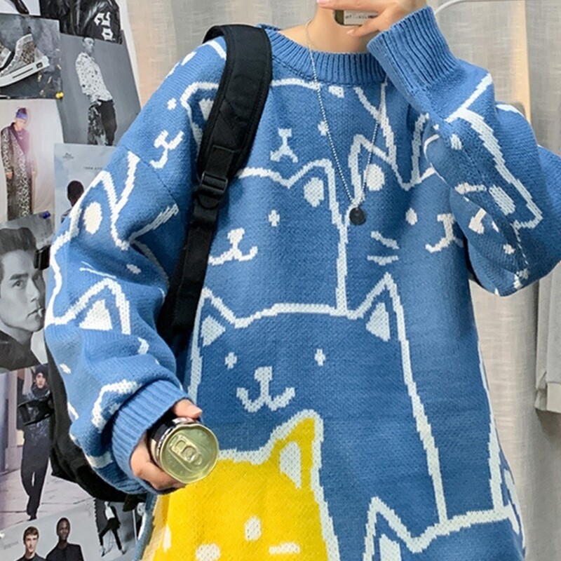 Sügis- ja talvine meeste ümara kaelusega kampsun Harajuku multikas kassiga trükitud pullover, avar kudum Meeste pikkade varrukatega tänavarõivad