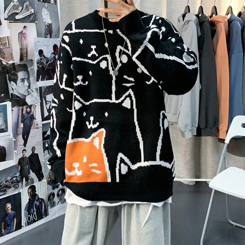 Sügis- ja talvine meeste ümara kaelusega kampsun Harajuku multikas kassiga trükitud pullover, avar kudum Meeste pikkade varrukatega tänavarõivad