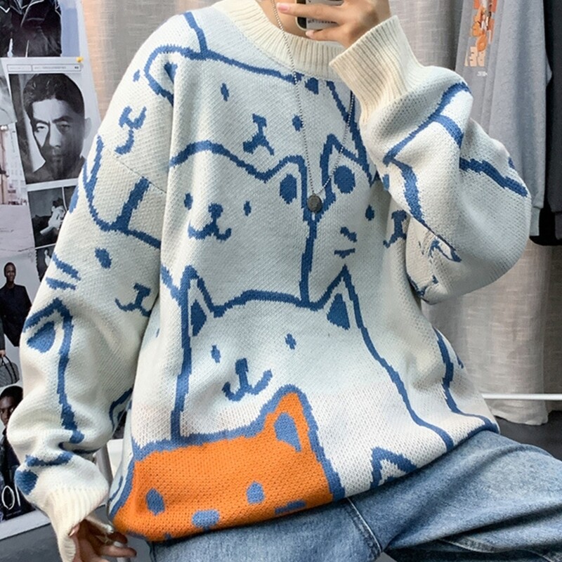 Sügis- ja talvine meeste ümara kaelusega kampsun Harajuku multikas kassiga trükitud pullover, avar kudum Meeste pikkade varrukatega tänavarõivad