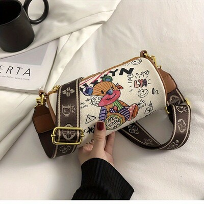 Τσάντα Boston σε στυλ γκράφιτι, χαριτωμένο τσαντάκι με κύλινδρο κινουμένων σχεδίων, μικρή γυναικεία τσάντα χιαστί