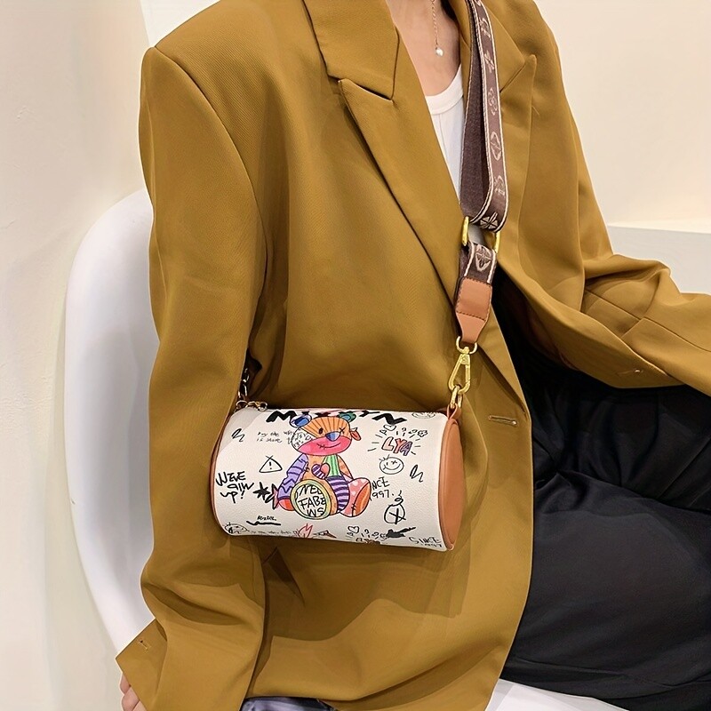 Τσάντα Boston σε στυλ γκράφιτι, χαριτωμένο τσαντάκι με κύλινδρο κινουμένων σχεδίων, μικρή γυναικεία τσάντα χιαστί