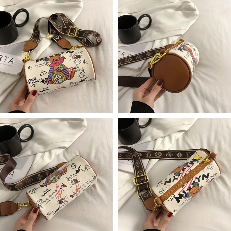 Τσάντα Boston σε στυλ γκράφιτι, χαριτωμένο τσαντάκι με κύλινδρο κινουμένων σχεδίων, μικρή γυναικεία τσάντα χιαστί