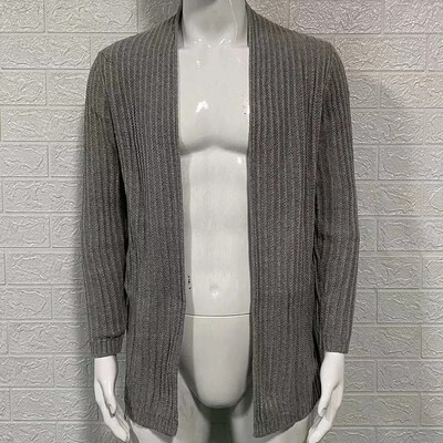 2024 Мъжко тънко плетено яке с дълга жилетка Мъжко ежедневно едноцветно палто Плетен пуловер Жилетки с дълъг ръкав Връхно облекло Яке