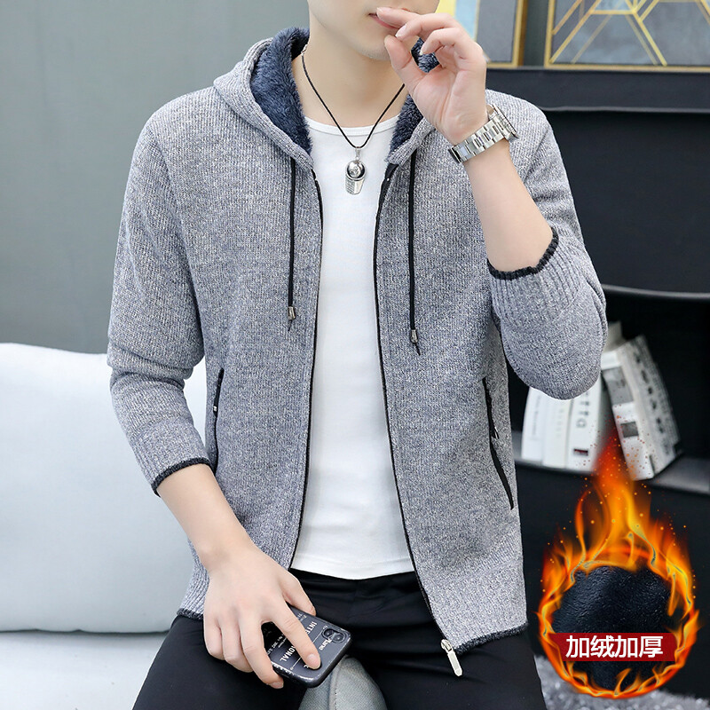 Ανδρική ζακέτα με κουκούλα Πλεκτό πουλόβερ Χειμερινό χοντρό φλις Ζεστό καθημερινό πλεκτό παλτό μονόχρωμο ζακέτα ανδρικά πουλόβερ με κουκούλα