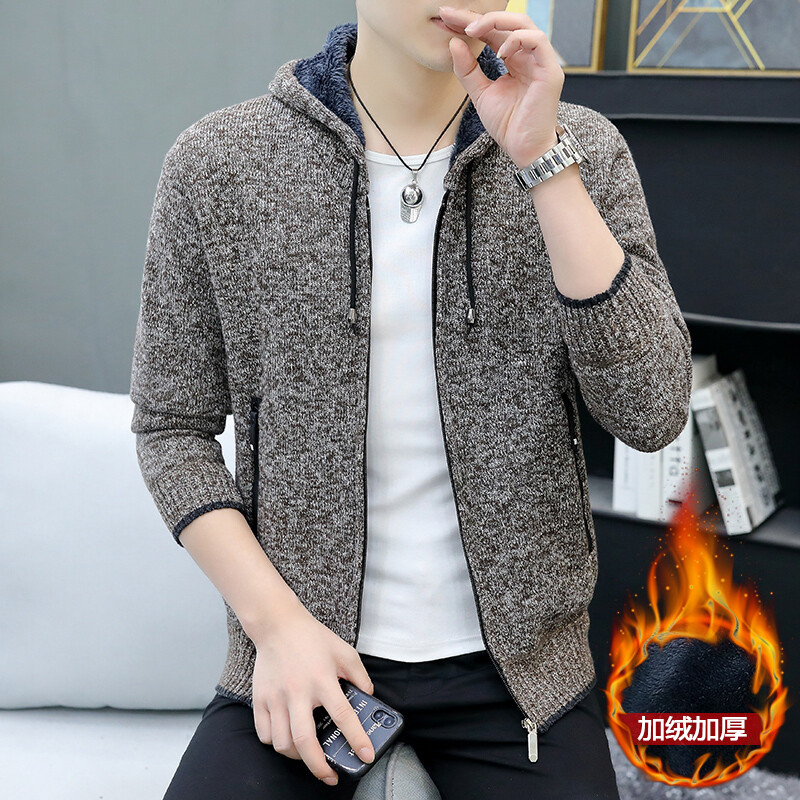 Ανδρική ζακέτα με κουκούλα Πλεκτό πουλόβερ Χειμερινό χοντρό φλις Ζεστό καθημερινό πλεκτό παλτό μονόχρωμο ζακέτα ανδρικά πουλόβερ με κουκούλα