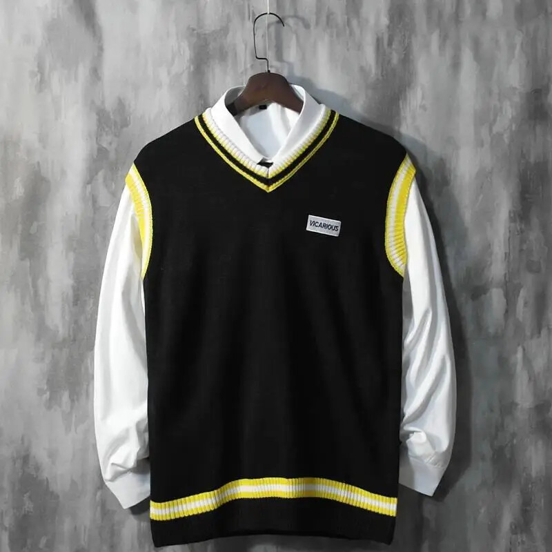 Μαύρο γιλέκο V λαιμόκοψη Πλεκτό πουλόβερ Ανδρικά Κόκκινα Ανδρικά Ρούχα Αμάνικα Μπλουζάκια Σχεδιαστικά Πολυτελή πλεκτά Pull Oversize Street