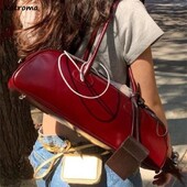 Punased PU-nahast õlakotid Naiste vanaaegsed kaenlaaluste tekstuur Suure mahutavusega baguette käekotid, mood Ulzzang, lihtsad, kõik sobivad