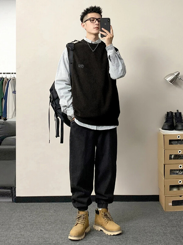 Varrukateta vest Ümarkrae Beež Crewneck Meeste riided Must Kootud Kampsun Meeste Vest Dressisärk Pull Oversize Street A