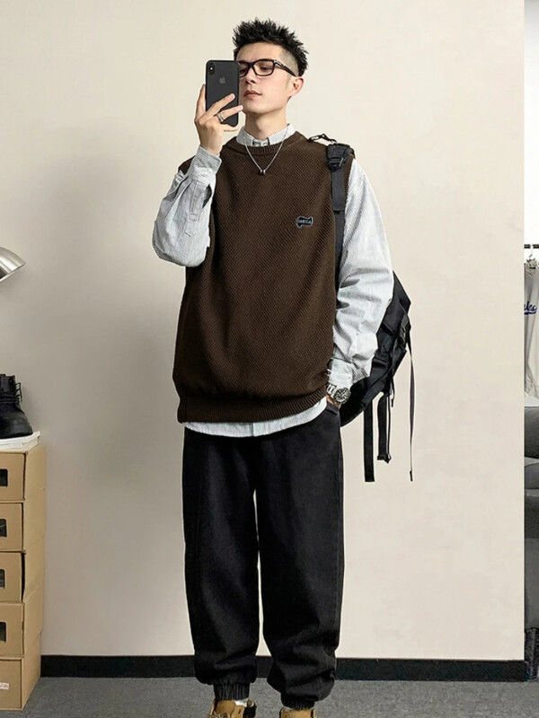 Varrukateta vest Ümarkrae Beež Crewneck Meeste riided Must Kootud Kampsun Meeste Vest Dressisärk Pull Oversize Street A