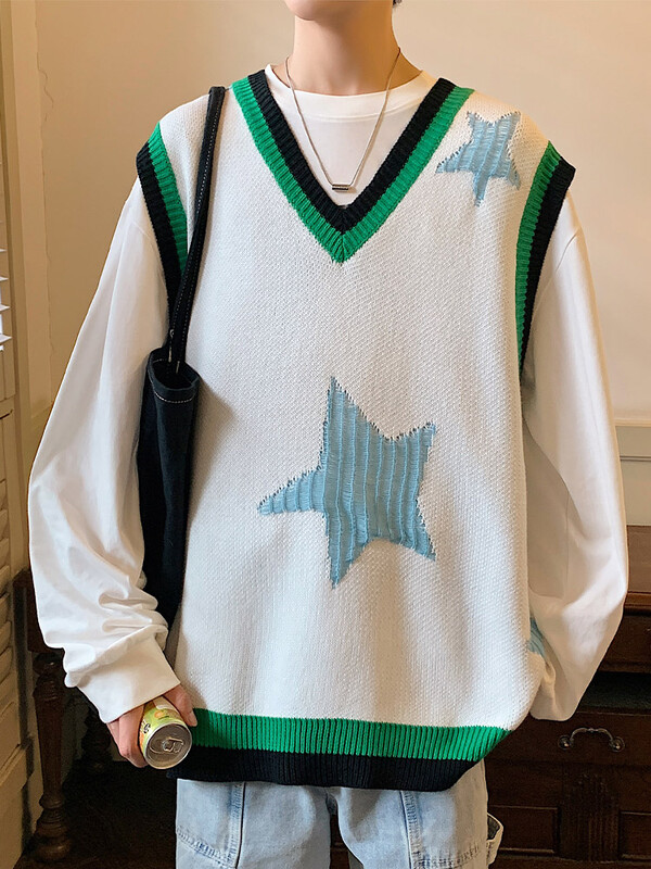 Βαμβακερό ανδρικό γιλέκο ανοιξιάτικη εκτύπωση Vintage πουλόβερ Harajuku Knitted Jumpers Golf Men Casual Νέο πλεκτό πουλόβερ V31