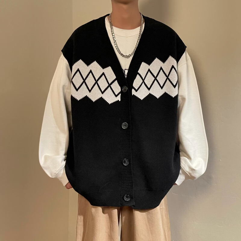 Kampsun Vest Meeste Lahtine Retro vabaaja kudumine Sügis, soe Argyle Kontrastvärv Preppy Ühe rinnaga Ameerika stiilis teismelised