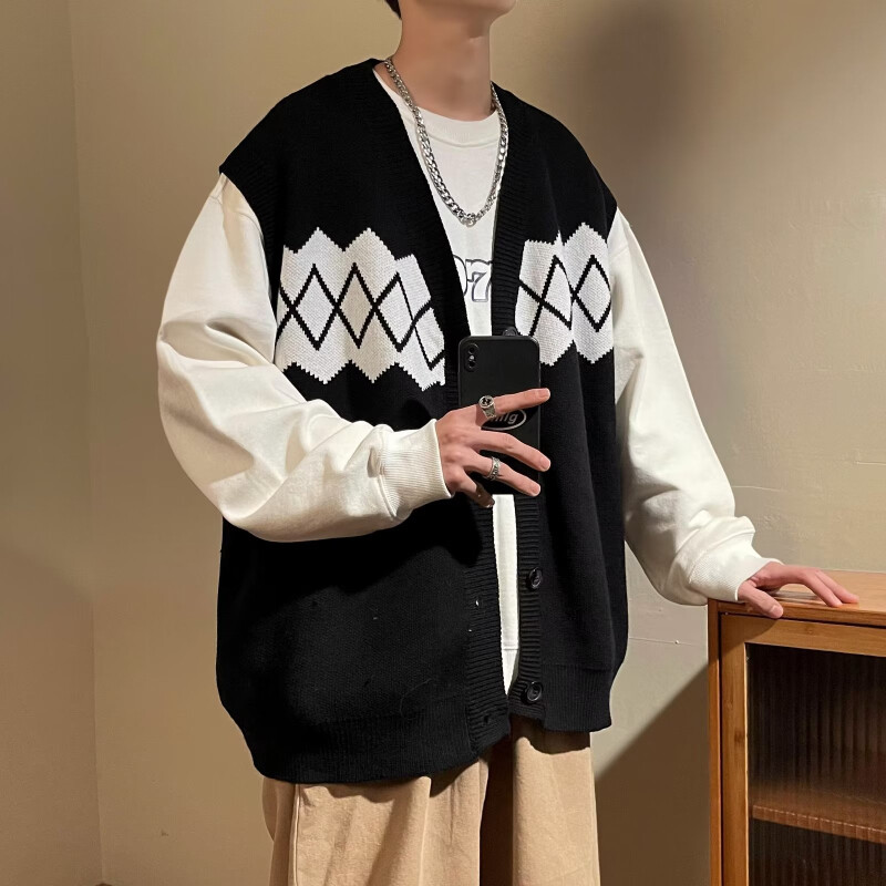 Kampsun Vest Meeste Lahtine Retro vabaaja kudumine Sügis, soe Argyle Kontrastvärv Preppy Ühe rinnaga Ameerika stiilis teismelised