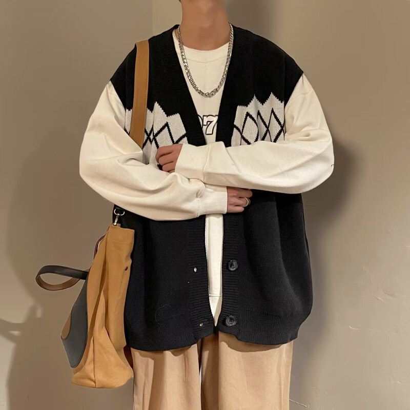 Kampsun Vest Meeste Lahtine Retro vabaaja kudumine Sügis, soe Argyle Kontrastvärv Preppy Ühe rinnaga Ameerika stiilis teismelised