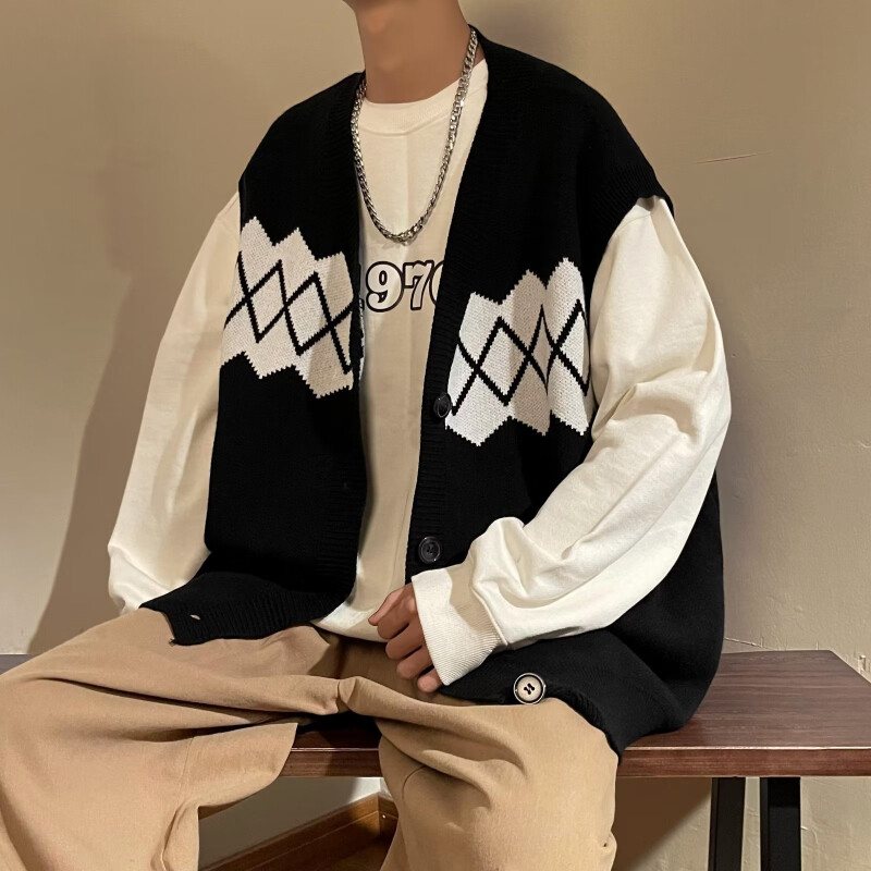 Kampsun Vest Meeste Lahtine Retro vabaaja kudumine Sügis, soe Argyle Kontrastvärv Preppy Ühe rinnaga Ameerika stiilis teismelised